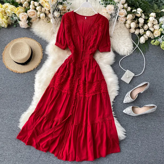 

LY1801 Spring Fashion Red White Color Lace Patchwork Long Sleeve Dress Women Beach Holiday Dresses Clothing Wholesale