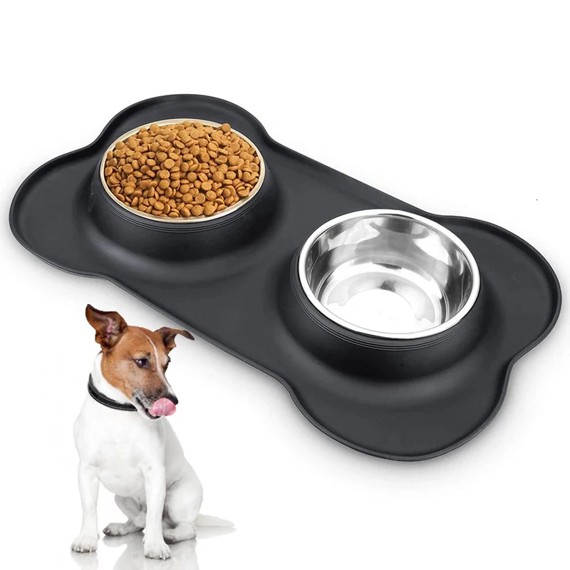 

Wholesale dog feeder Double Pet Bowl, Silicone Foldable Traveling Double Stainless Steel Dog Bowls, Black, gray, blue,custom