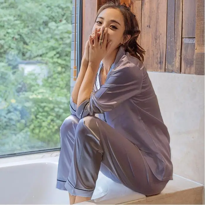
8012 Women Ladies Sexy Satin Silk Pajamas Sets Long Sleeve Tops Pants Sleepwear Nightwear Pyjama 