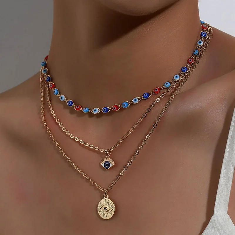 

Bohemian 18K Gold Plated Evil Eyes Bead Necklaces Triple Layers Turkish Blue Eye Necklaces For Women Girl