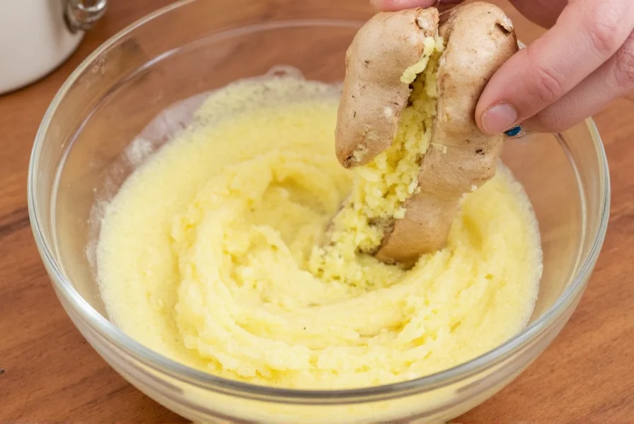 Fresh ginger root being grated into a bowl for homemade ginger dressing recipe