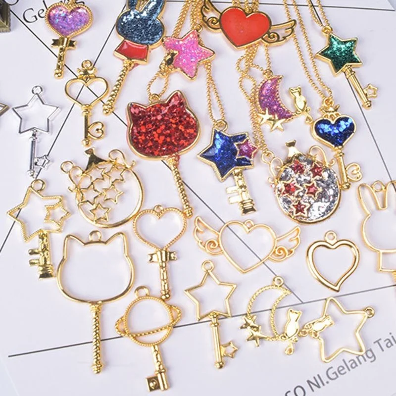

Cabochon Base Setting Key Frame Pendant Bezel Setting DIY UV Resin Charms Fashion Mix Cat Moon Star Metal Hollow Gold Color, Customized color