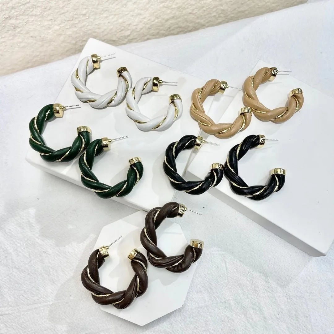 

European Trendy Real Gold Plated Colorful PU Leather Twisted C Shape Earring 925 Silver Post Twisted Leather Hoop Earrings