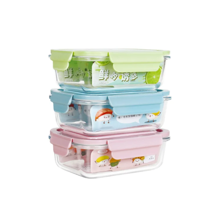 

Rectangular glass lunch box glass food container with plastic cap, Clear