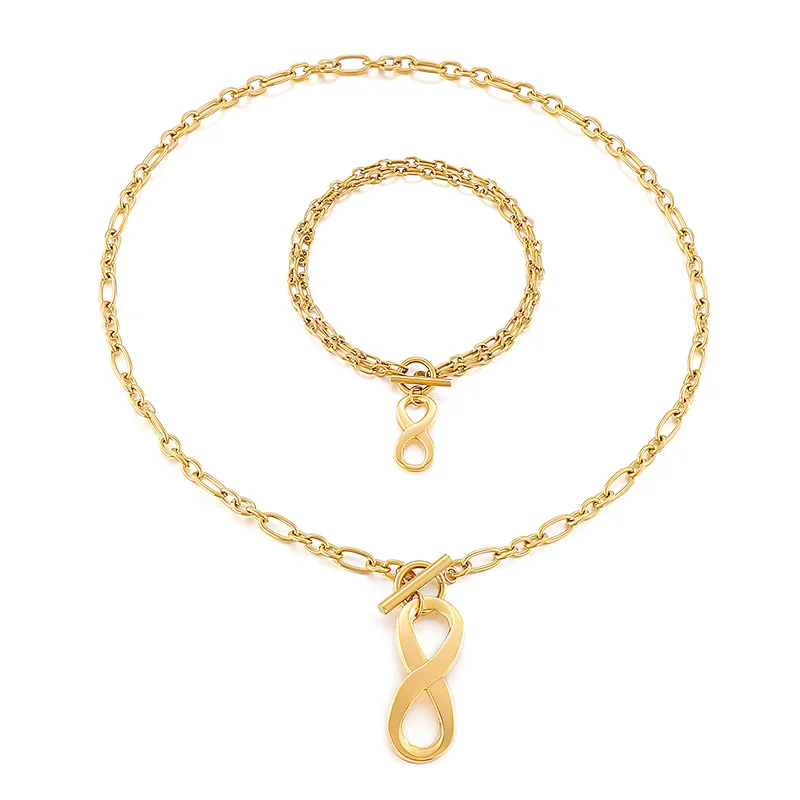 

Kalen Fashion Jewelry Set Link Chain 8 Pendant Bracelets Necklaces 18K Gold Plated Women Stainless Steel Sets Wholesale