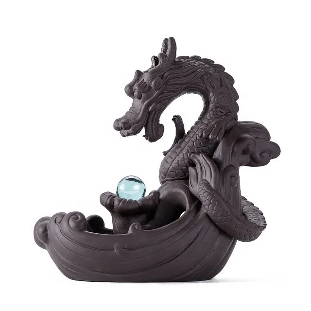 

HandMade Ceramic Backflow Dragon Incense Burner Creative Home Decor Chinese Dragon Censer With Crystal Ball +20Pcs Incense Cones, As picture
