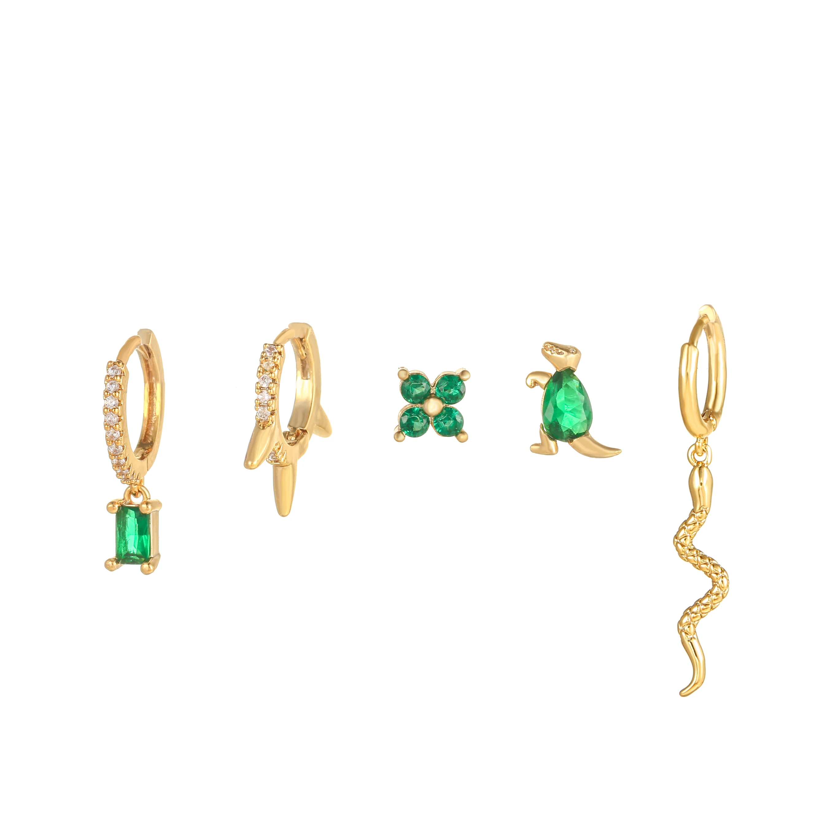 

Laodun Small Tiny Creative Green Zircon Women New Fashion Earring Classic Popular Jewelry Huggie 5 Pieces Earring Set, Gold