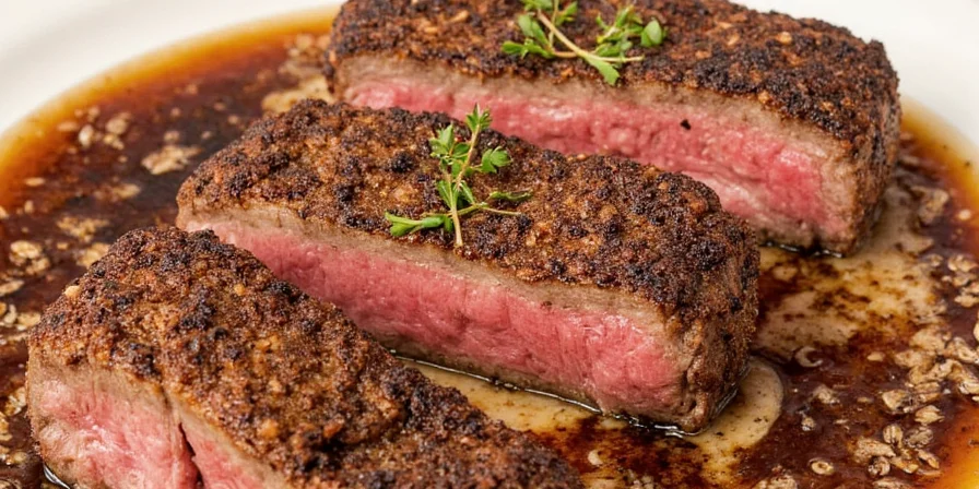 Cooking sesame-crusted steak in a skillet