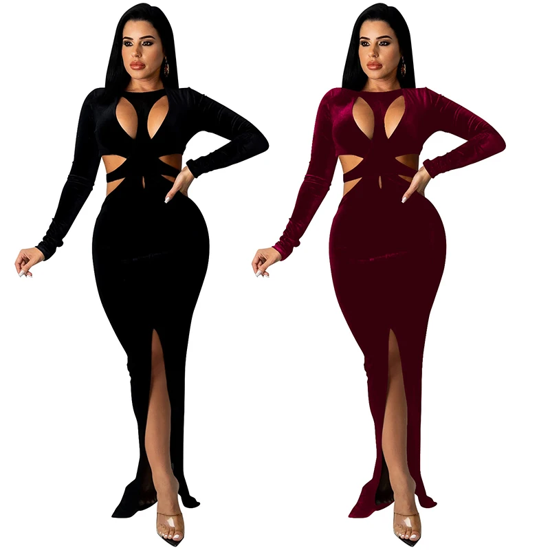 

Custom 2021 Fall Winter Fashion Solid Velvet Long Sleeve Prom Dresses Sexy Slit Hollow out Bodycon Elegant Halter Dress Women