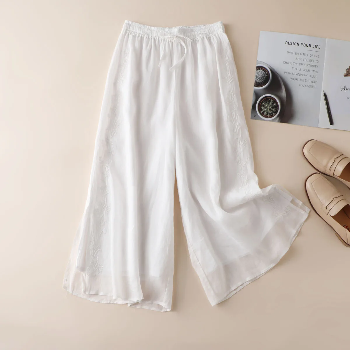 

Wholesale linen wide leg pants white high waist women's embroidered trousers