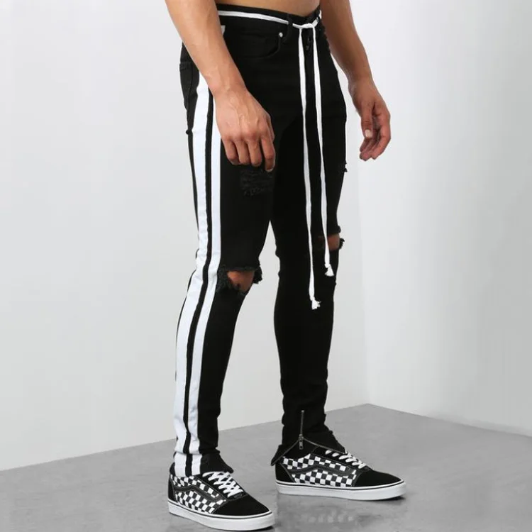 

2019 new men's stretch biker jeans Slim fit Side stripe Tether trousers Tight jogging knee Hole fashion Casual pants black, Picture color