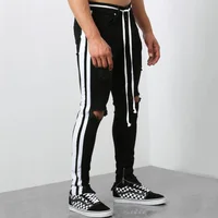 

2019 new men's stretch biker jeans Slim fit Side stripe Tether trousers Tight jogging knee Hole fashion Casual pants black