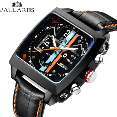 

PAULAREIS Mechanical Watch Chronograph Wristwatch Men Fashion Watches Leather Strap Relogio Masculino