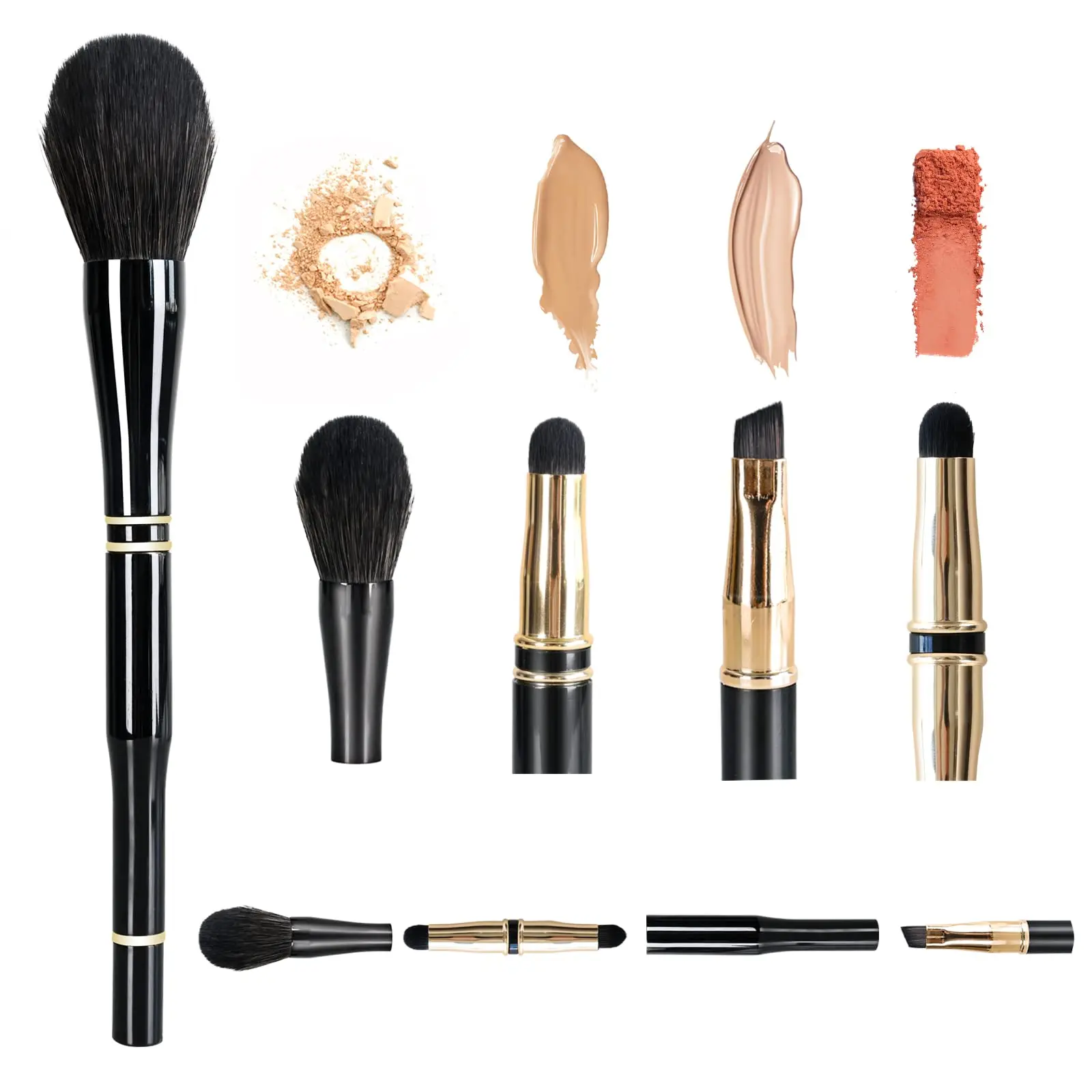 

4 in 1 Travel Double Ended Foundation Powder Brush Eyeshadow Face Concealer Blending Liquid Blush Makeup Brush Set