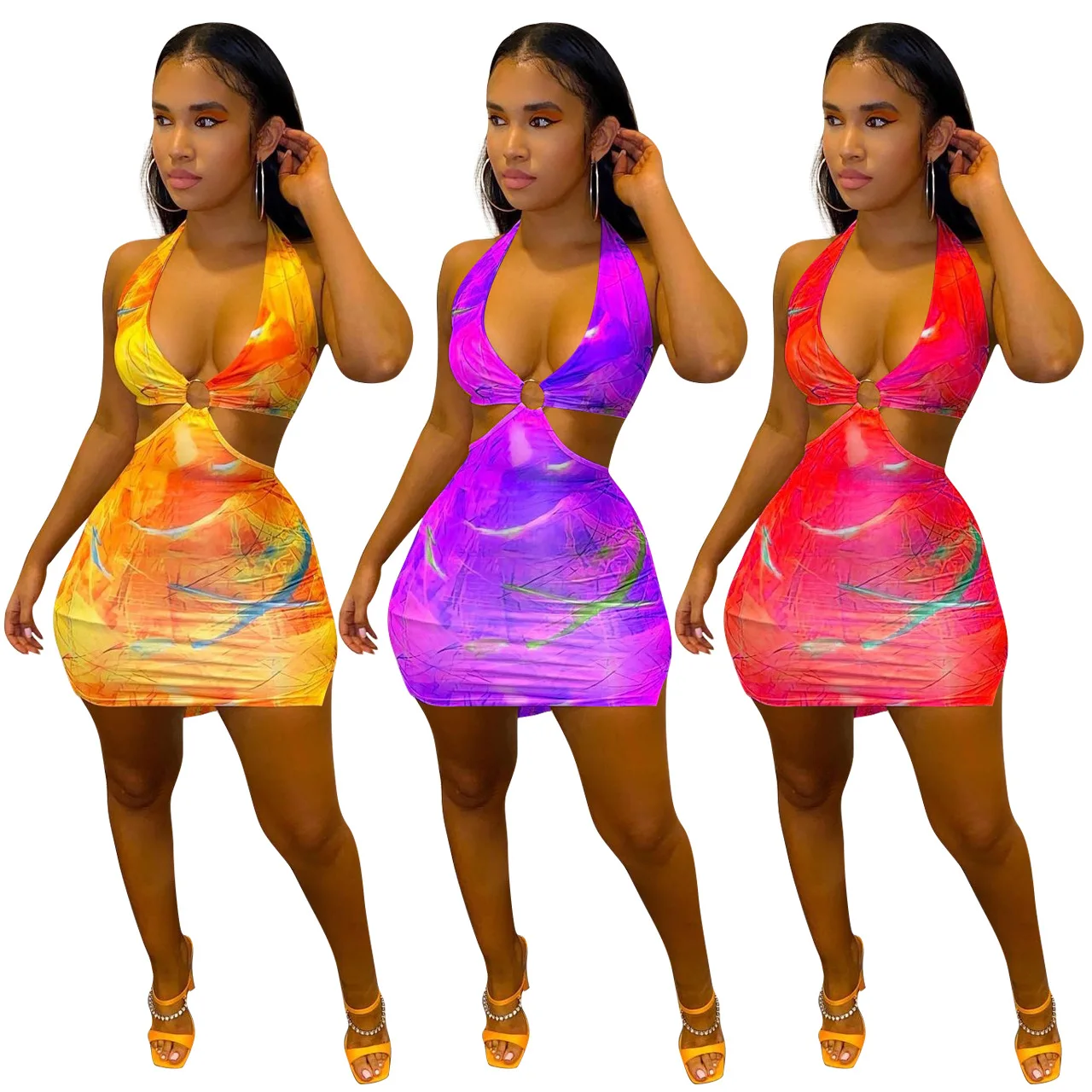 

Hollow Out Woman Dresses Summer Sexy Bodycon Cut Out Streetwear Casual Halter Beach Dress, As show