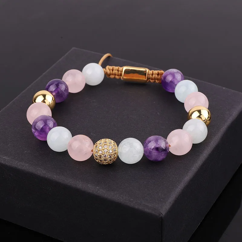 

High Quality 10mm Gemstone Jewelry For Women Amethyst Rose Quartz Aquamarine Handmade Custom Macrame Friendship Bracelet