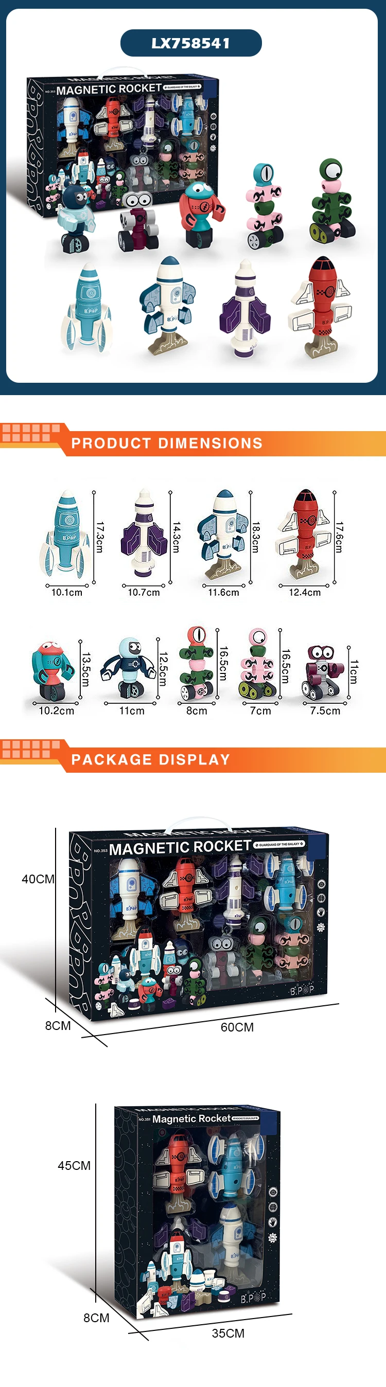 Children educational game 68pcs magnetic rocket block building toy diy