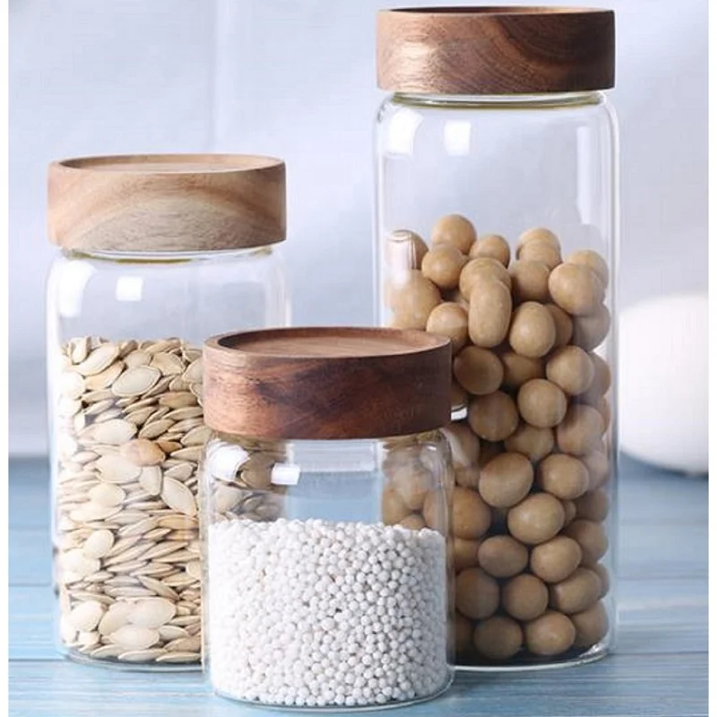 

D80 18oz High borosilicate glass round jar with wood lid storage bottles