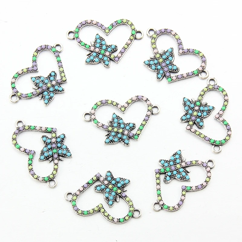 

10Pcs Old silver blue heart butterfly Shape acrylic Beads alloy Connector Charms For DIY Bracelet/Necklace Making Jewelry Access