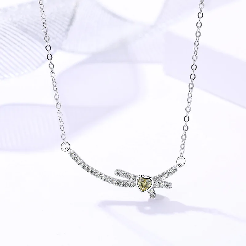 

Korean Jewelry Heart Cut CZ Smile Knot Bow 925 Silver Necklace For Girl