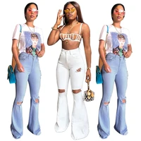 

9041622 fashion casual stretch ripped casual denim trousers women 2 colors jean flared pants ladies trendy jeans