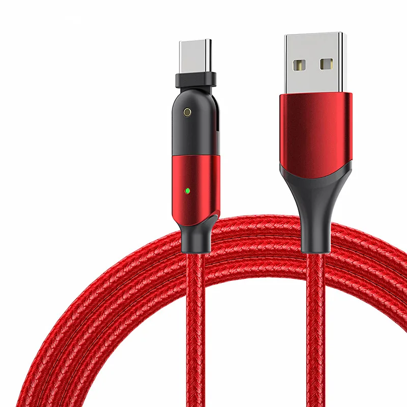 

C-Type Data Cable 180 Arbitrary Angle Rotation-Bending LED Luminous Woven Aluminum Alloy 3A Super Fast-Charging Data Cable, Red black