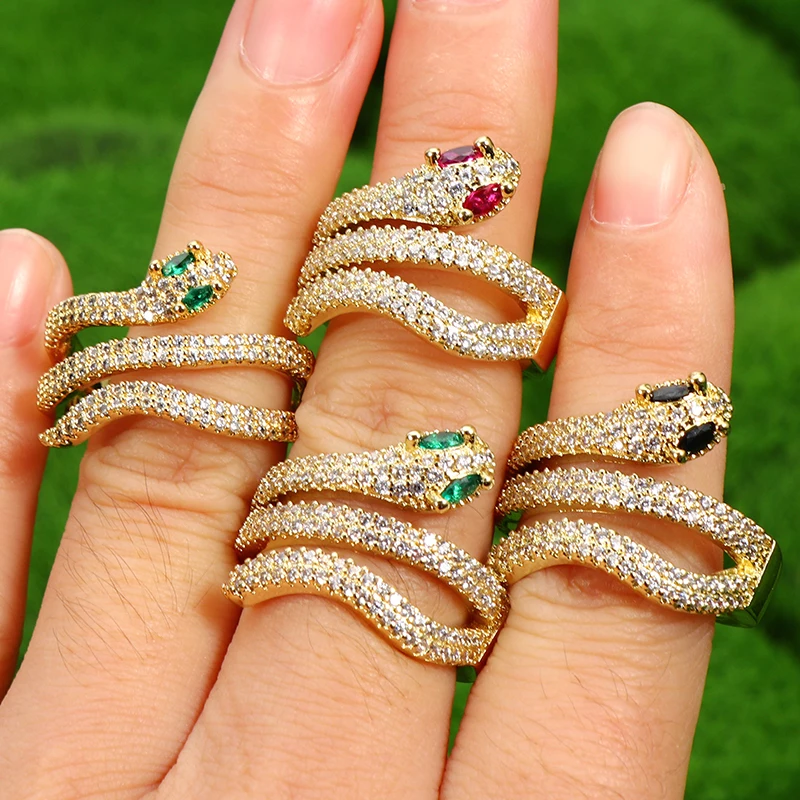

Luxury Real 18k Gold Plated Small Crystal CZ Snake Adjustable Rings Bling Bling Micro Pave Cubic Zirconia Snake Open Ring