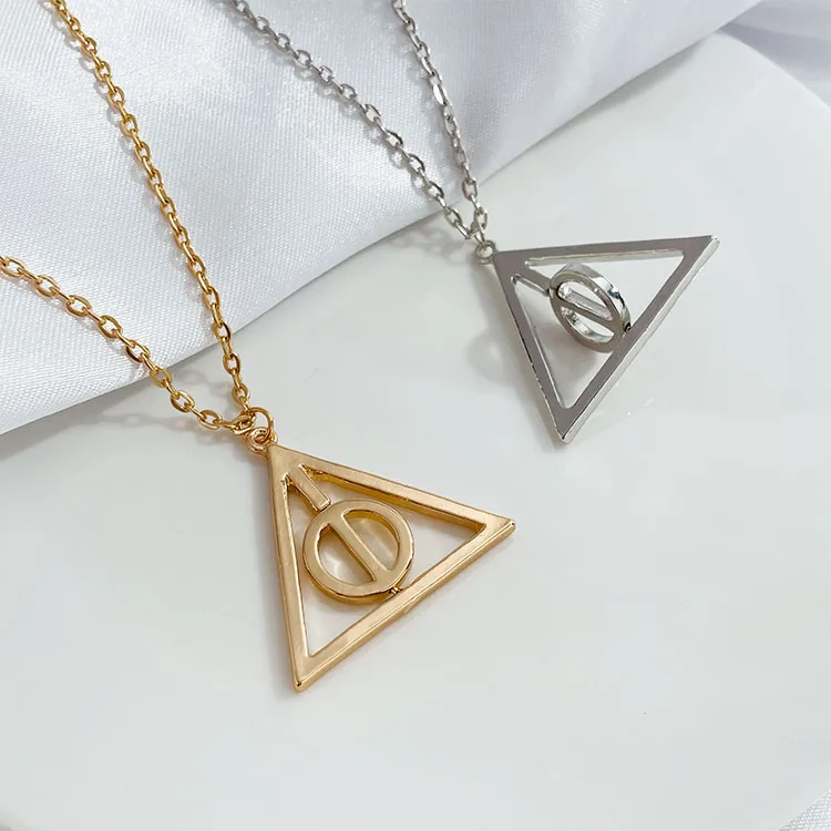 

Simple hollow gold plated triangle Harry Potter jewelry rotating sublimation necklaces, Picture shows