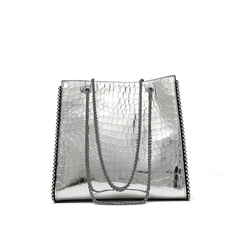 

Fashion 100% Embossed Crocodile Pattern Genuine Leather Handbag For Women Bags, Black, white, black