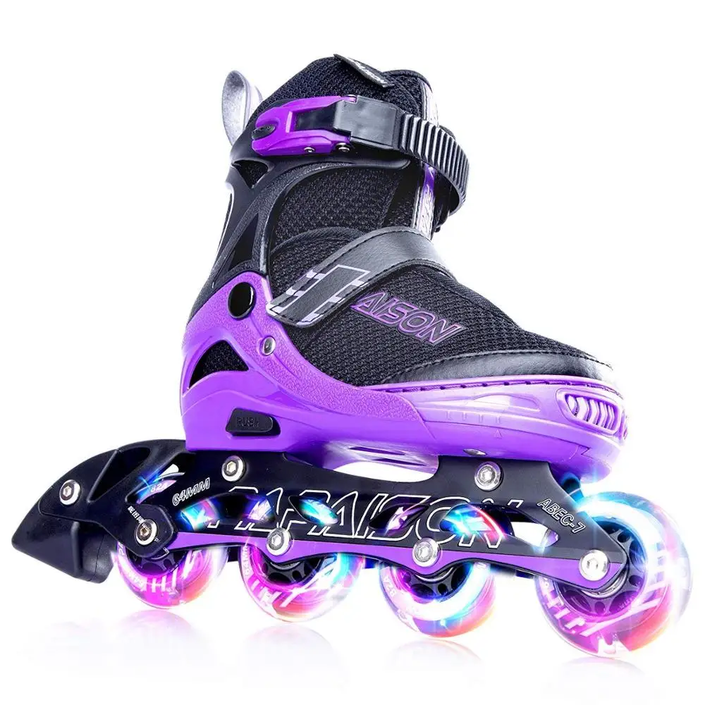 

2020 new technology adjustable size no MOQ cheaper shipping cost LED 4 wheels inline roller quad skates, White/red/purple