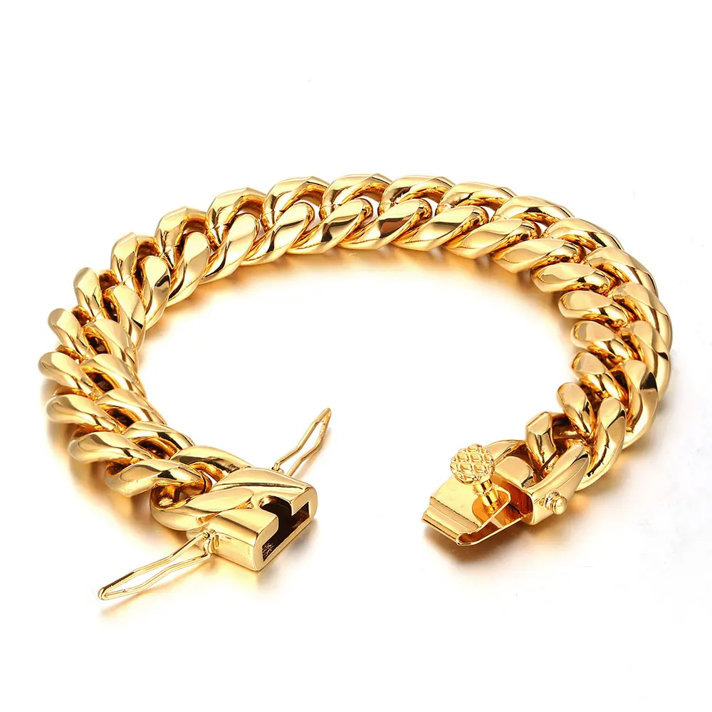 

Hip Hop Man Bracelets Stainless Steel 18k Gold Miami Cuban Men Gold Chains Bracelet, Rose gold/black color