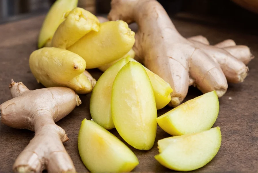 Various prepared ginger forms including grated, sliced, and whole root on wooden background