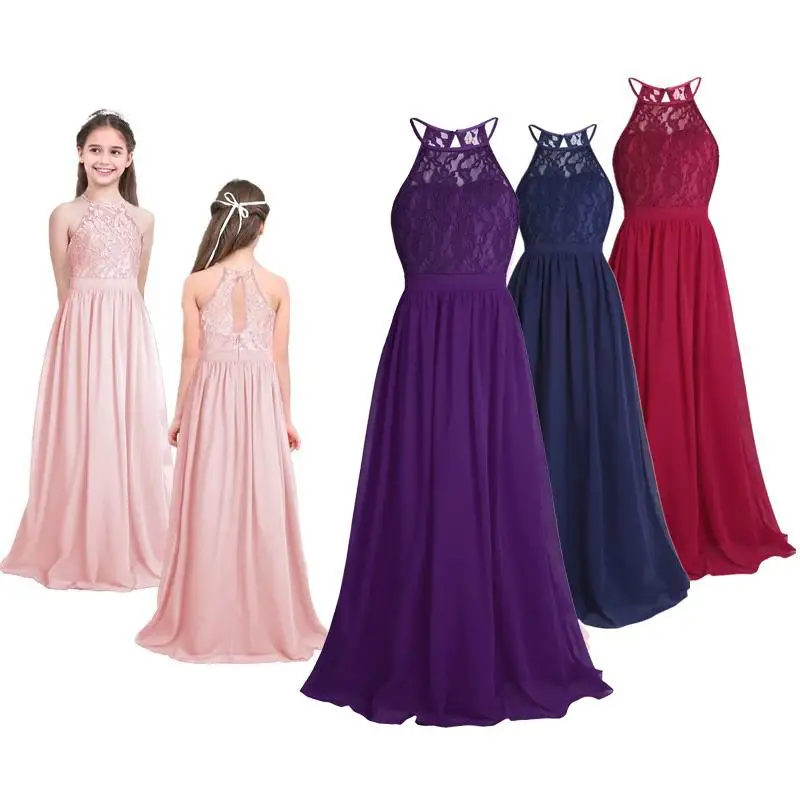 

Fashion Kids Girls Lace Chiffon Sleeveless Halter Wedding Bridesmaid Birthday Evening Prom Maxi Gown Dress