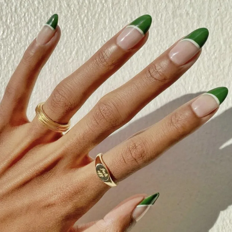 

New Style Sale Ladies Nail Art Patch Sharp Shape Green Beveled Edge Removable Fashion Fake Nails