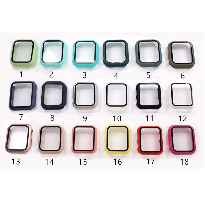 

2021 New Colorful For Apple Watch  2 IN 1 Tempered Glass + PC Cover Glass for iWatch Case, 18 colors