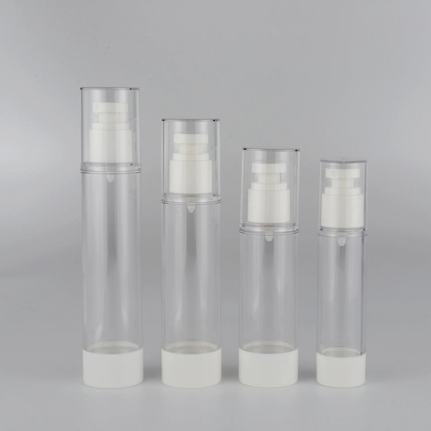 

15ml 30ml 50ml low MOQ clear plastic airless serum bottle with white press pump in stock transparent lotion bottle