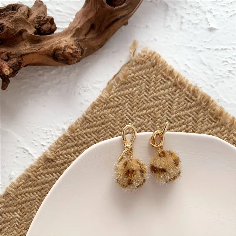 

JUHU 2021 popular leopard grain ear buckle cute ball drop earrings classic geometric ball of wool alloy stud jewelry for women, Khaki