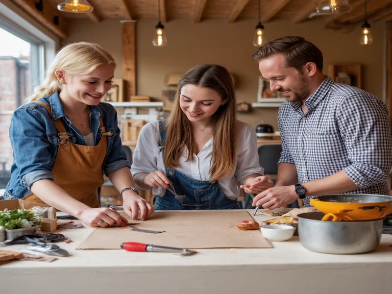 Group of people collaborating on DIY project with smiles and tools