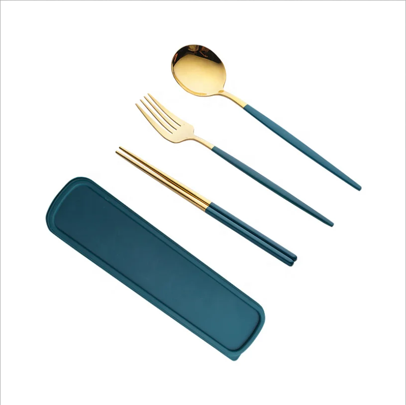 

High Quality Stainless Steel Cutlery with Spoon Fork and Chopsticks Flatware Set For Traveling, Gold, black, blue, pink, red