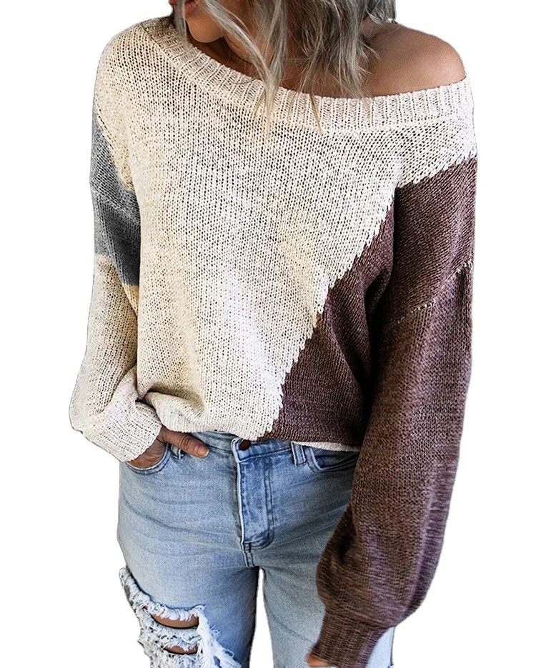 

Autumn Winter New Fashion Irregular Knitted Sweater Off Shoulder Women Color Block Sweater