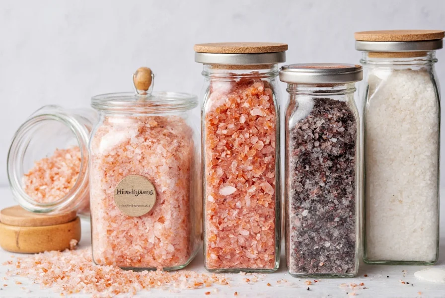 Various salt types displayed in glass jars showing different colors and textures including Himalayan pink salt, French grey sea salt, and smoked sea salt