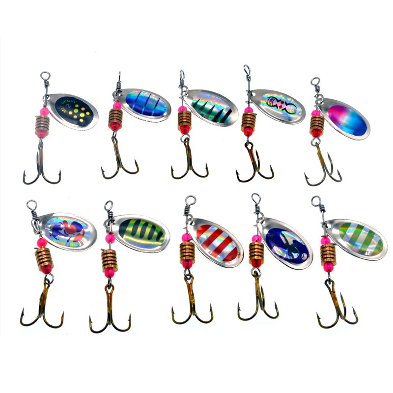 

High Quality Fishing Spinner Tackle Lure Hard Bass Baits Metal Spoon Lure Treble Hooks, 10 color