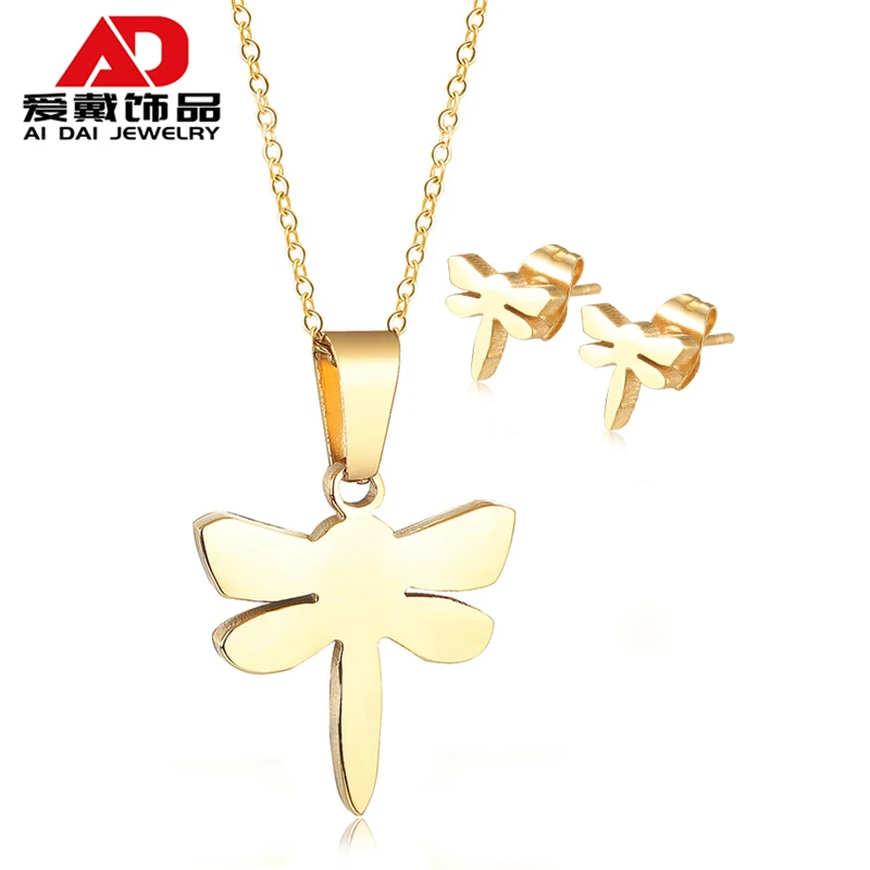 

Forest series small fresh titanium steel small dragonfly pendant necklace earrings set simple temperament gold-plated children's