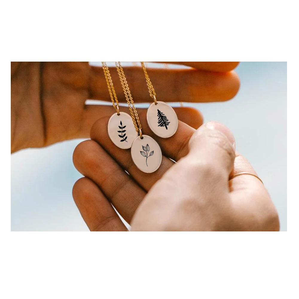 

Best Selling Custom Fasion Engraved Plants&Flowers Choker Stainless Steel Charm Jewelry Flower series Coin Pendant Necklaces, Gold