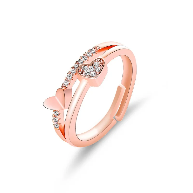 

Romantic Silver Rose Gold Plating Double Layer Crystal Heart Adjustable Knuckle Ring Double Heart Open Finger Rings, As picture