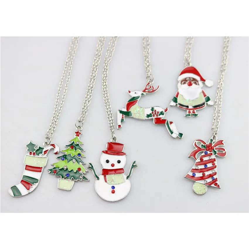 

Hot Sale Ins Silver Plated Christmas Tree Snowman Bell Pendant Necklace Oil Dripping Santa Claus Deer Elk Necklace For Christmas