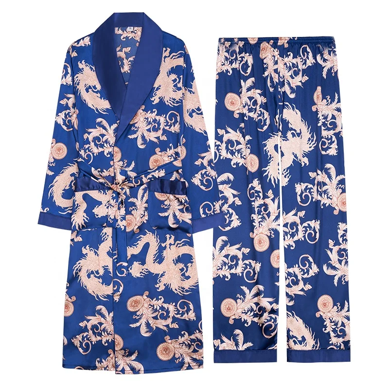 2020 new arrivals factory printed breathable satin mens robe with long pant sets