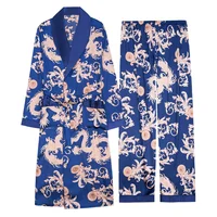 

2020 new arrivals factory printed breathable satin mens robe with long pant sets