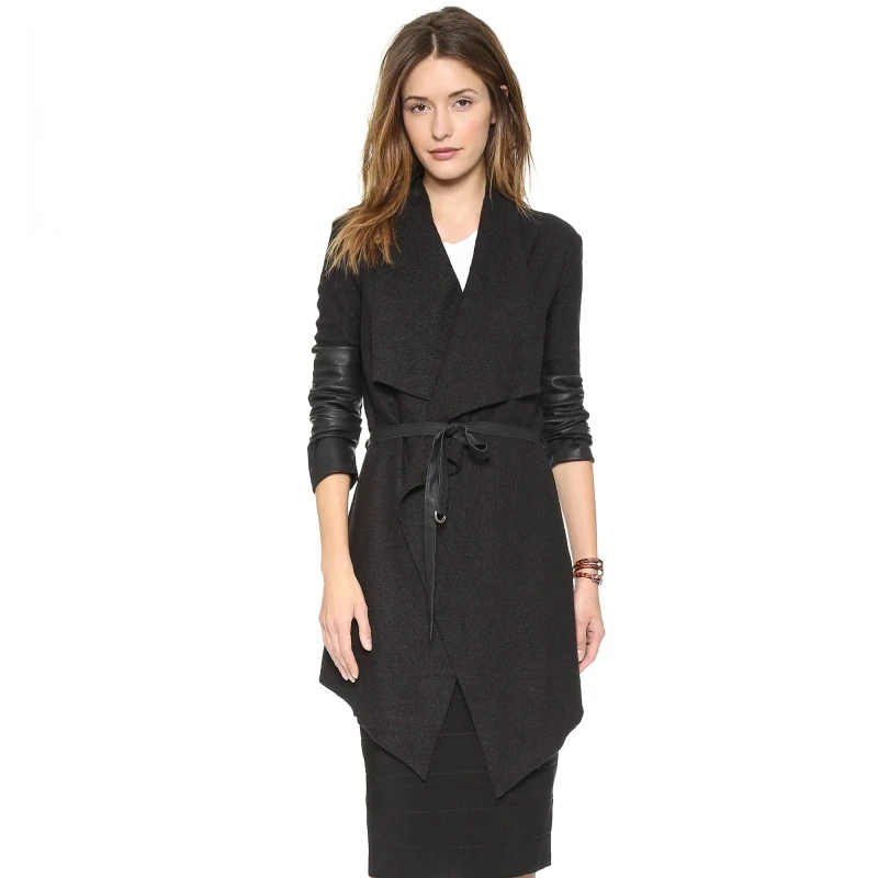 

In stock custom woolen fabric long spliced coat for women