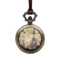 

wholesale fashion antique pu leather chain brass color eiffel tower design alloy pocket necklace watch for women